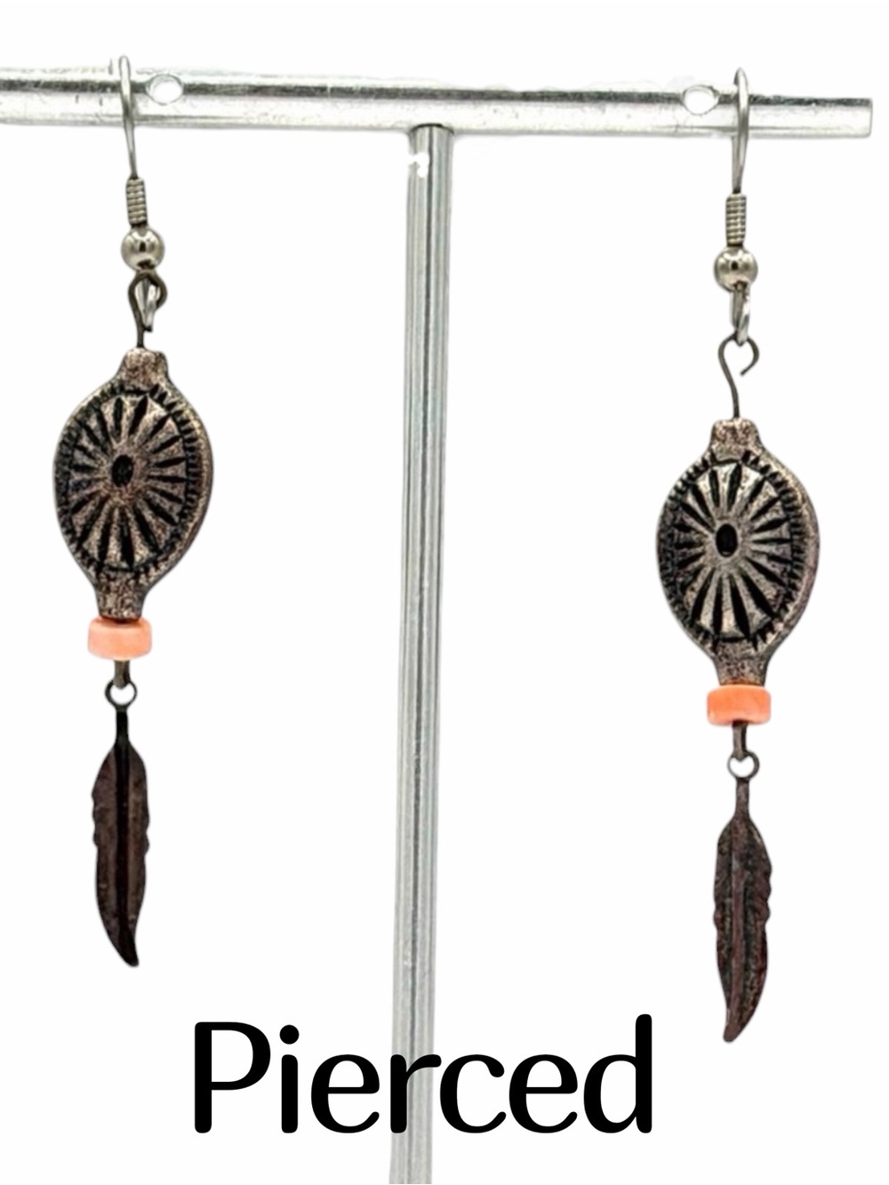 Bohemian-style Silver Earrings Orange Sunburst Concha Design Silver Feather